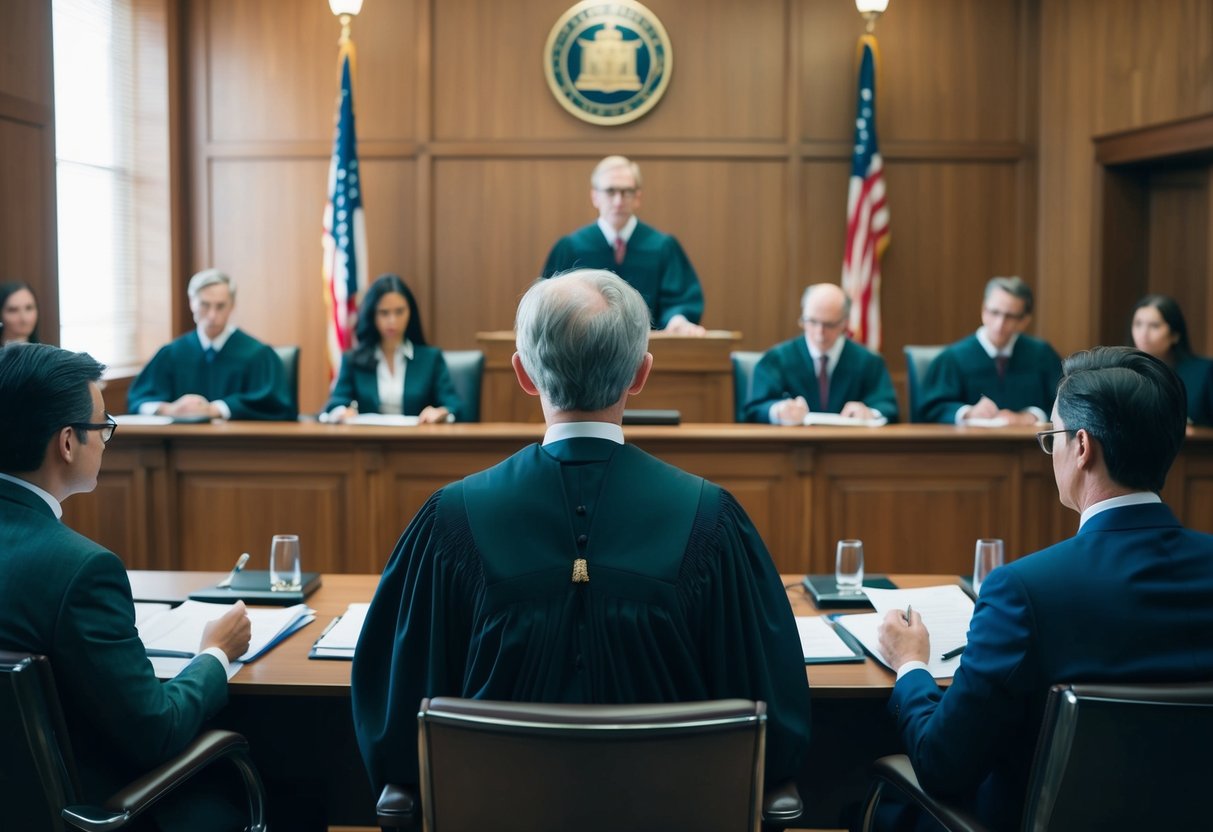 A courtroom scene with a judge presiding over a trial, lawyers presenting evidence, and a jury deliberating