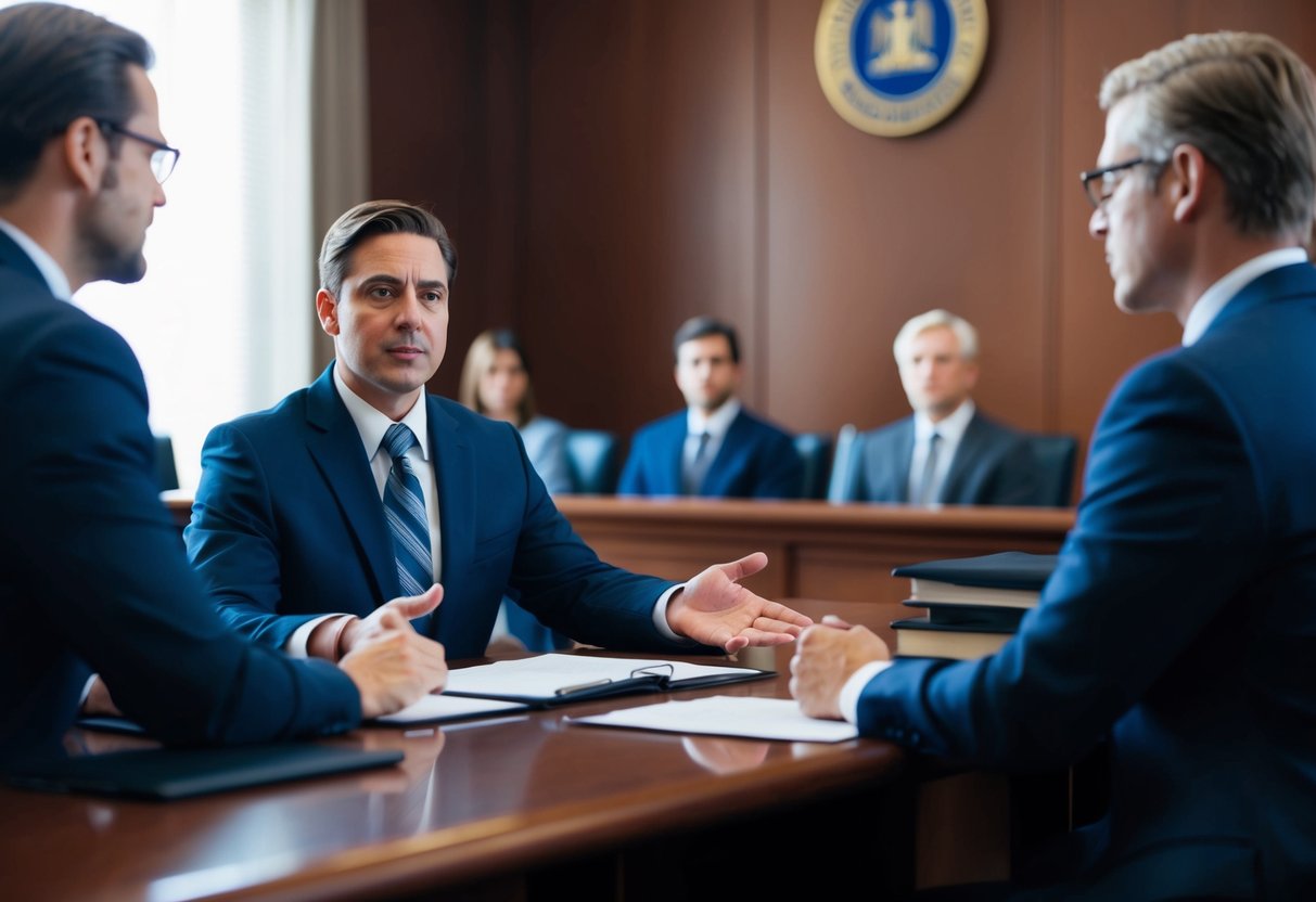 A courtroom scene with a lawyer presenting evidence and negotiating for a higher personal injury settlement in Michigan