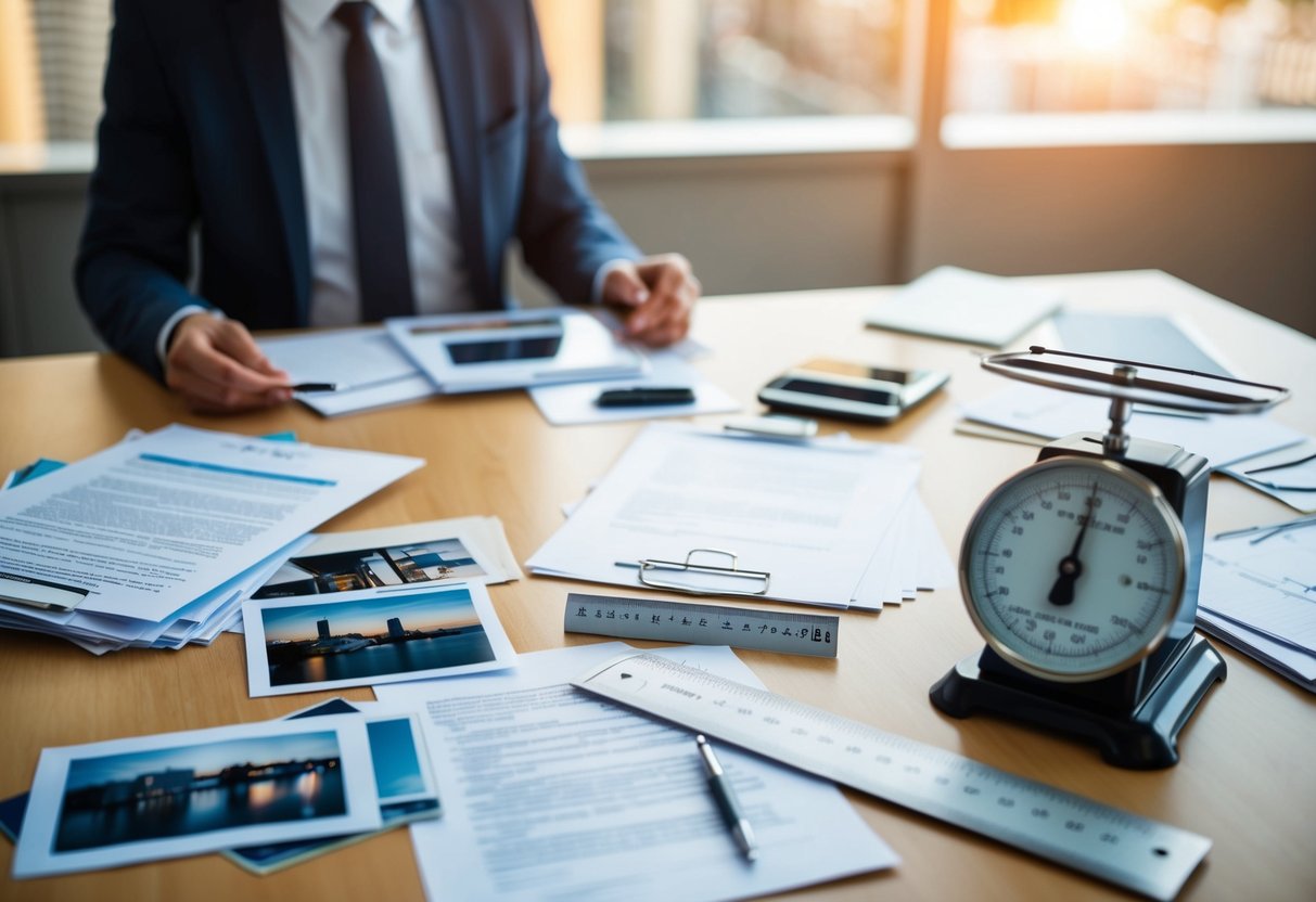 A table with scattered documents, photographs, and other items related to a personal injury case. A scale and ruler are used to measure and document evidence