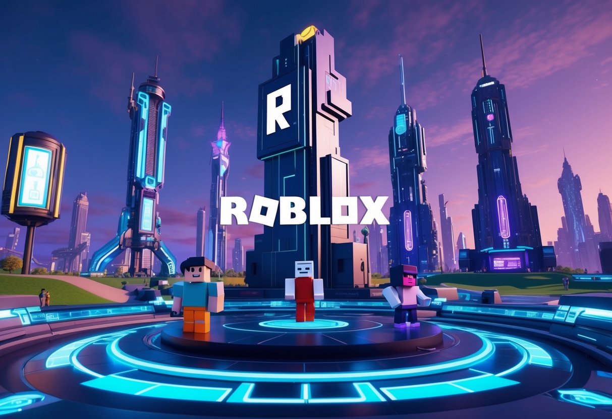 A futuristic cityscape with towering skyscrapers and neon lights, showcasing advanced technology and virtual reality interfaces