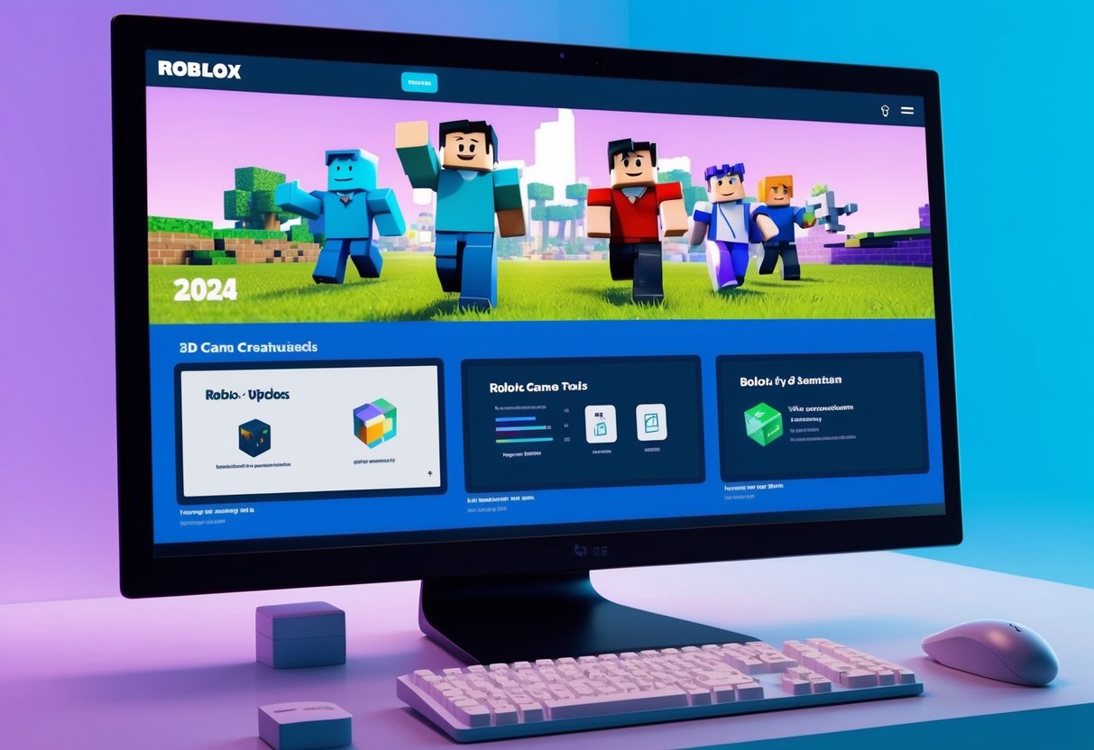 A futuristic computer interface displays 3D game creation tools and Roblox updates for 2024, with sleek and advanced design elements