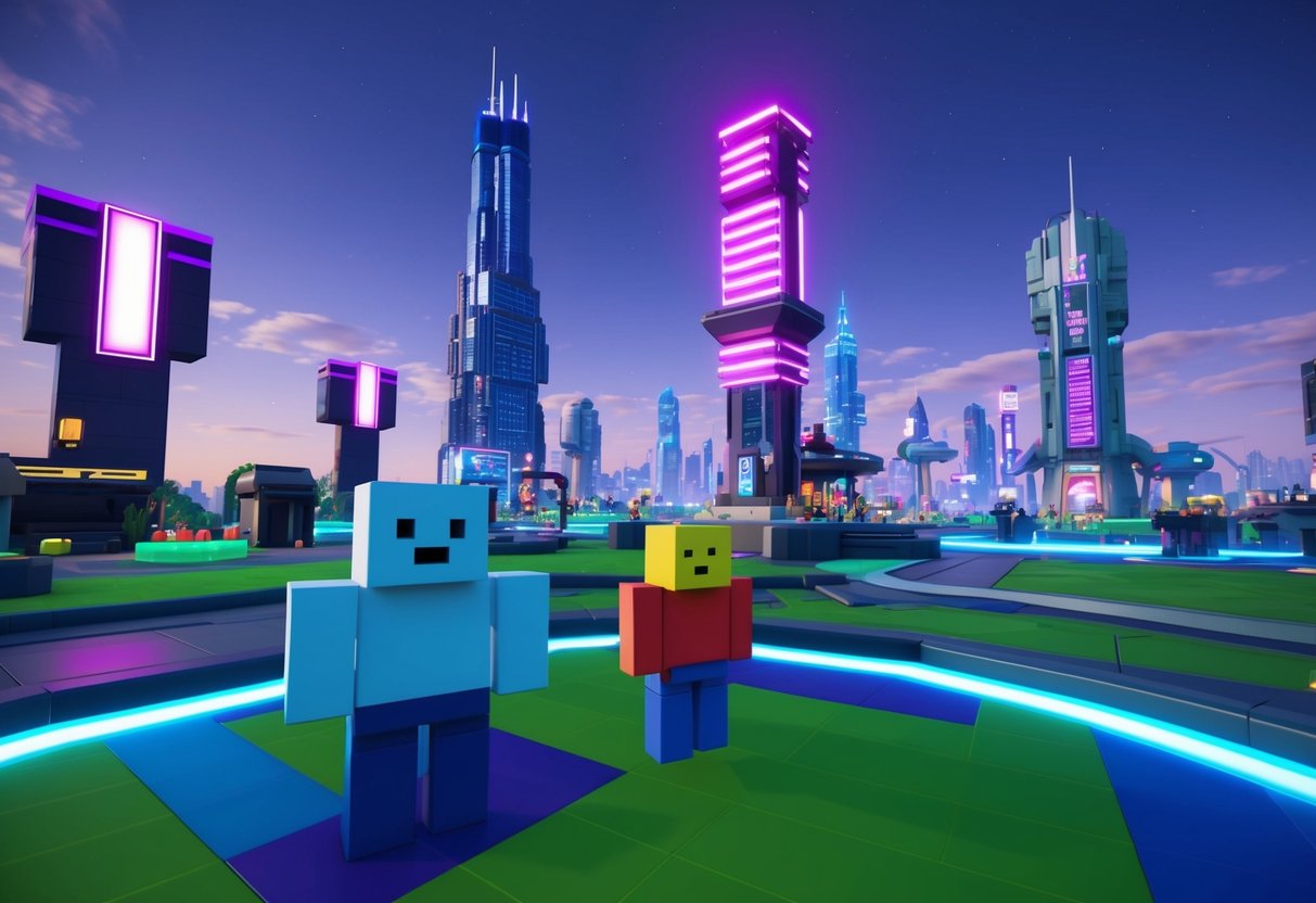 A futuristic cityscape with towering skyscrapers and neon lights, showcasing the integration of virtual reality technology in the Roblox metaverse