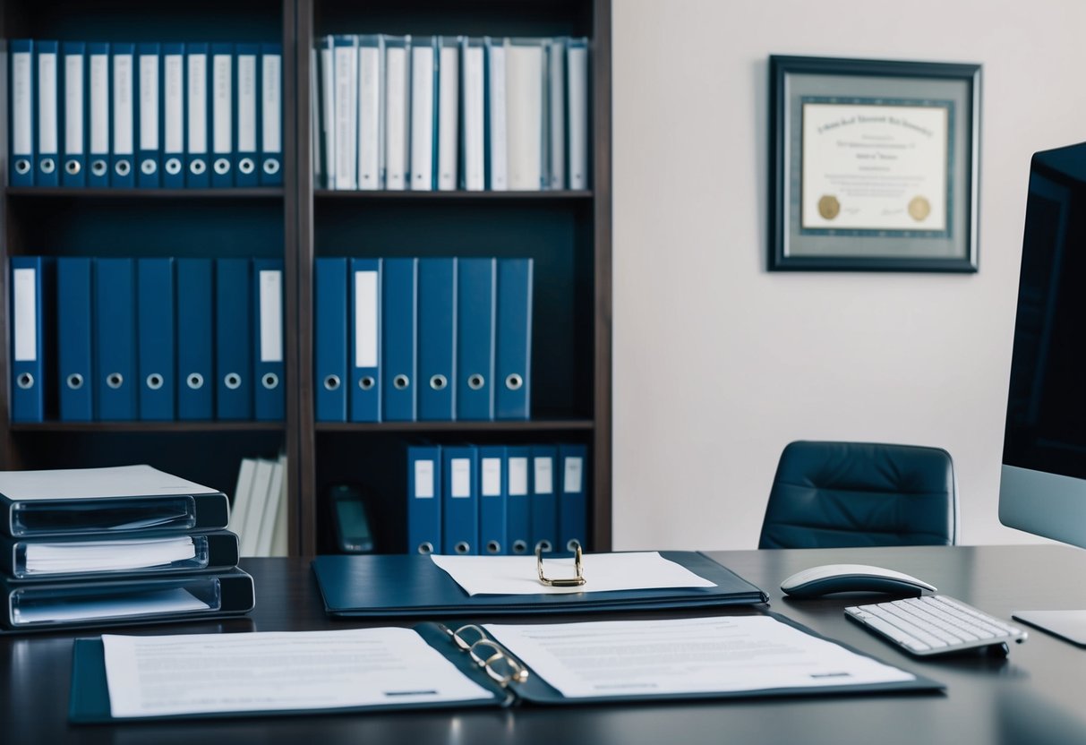 Un bureau avec des documents juridiques, un ordinateur et un téléphone. Une étagère remplie de classeurs et de documents de référence. Un certificat encadré au mur.