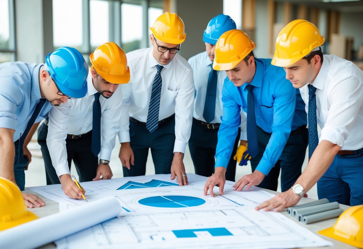 Un groupe d'ingénieurs et d'inspecteurs se rassemble autour d'un chantier, examinant des plans et vérifiant les matériaux pour l'OPLR.