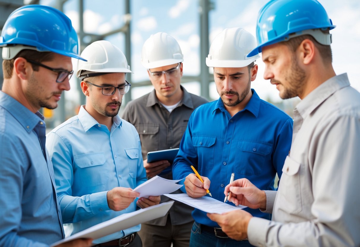 Un groupe d'ingénieurs inspectant un chantier de construction, cochant des éléments sur une liste de contrôle et discutant des progrès.