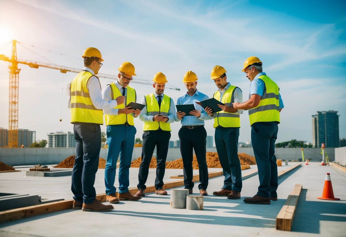 Un groupe d'ingénieurs inspectant et marquant les zones à améliorer sur un chantier de construction