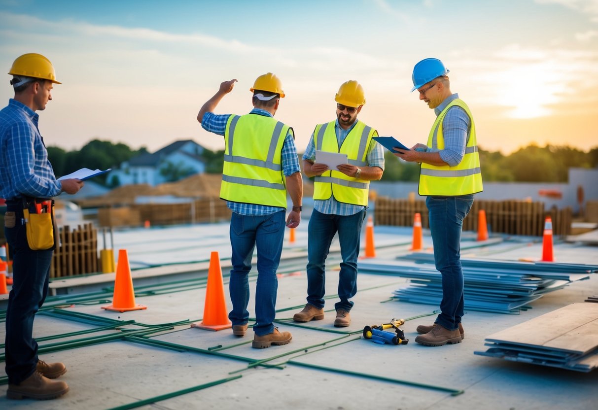 Un chantier avec des ouvriers inspectant et marquant les tâches complètes, tandis que d'autres s'attaquent aux problèmes restants.