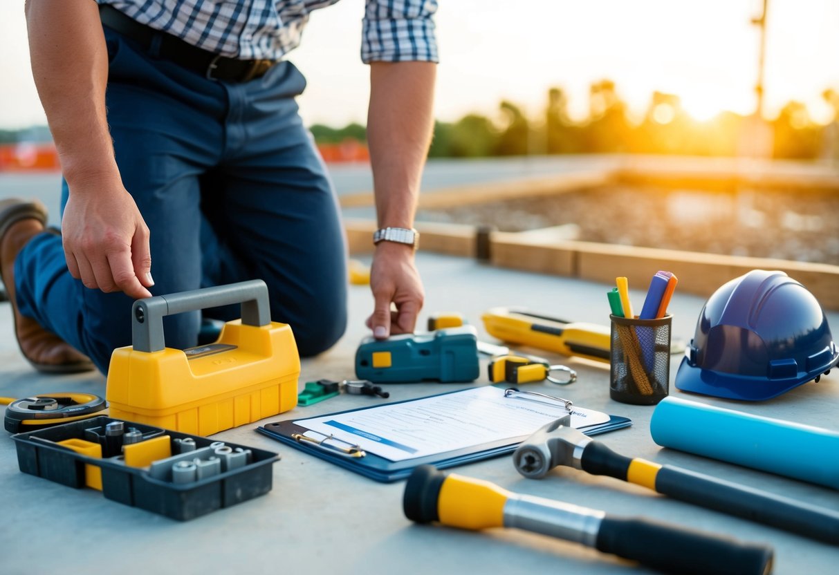 Un chantier avec divers outils et matériaux, une liste de contrôle, et un superviseur inspectant la zone.