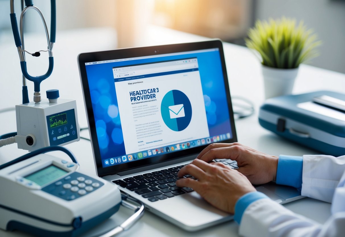 A healthcare provider typing on a laptop with medical equipment and a blog post displayed on the screen