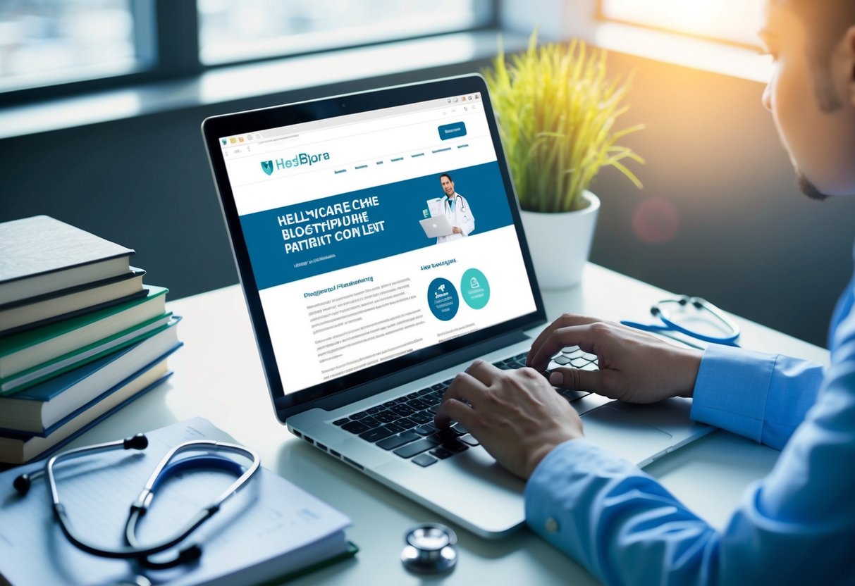 A person typing on a laptop at a desk, surrounded by medical books and a stethoscope. The screen displays a healthcare blog with patient-centric content