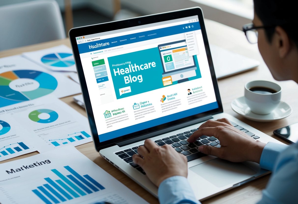 A laptop with a healthcare blog open on the screen, surrounded by marketing materials and analytics charts