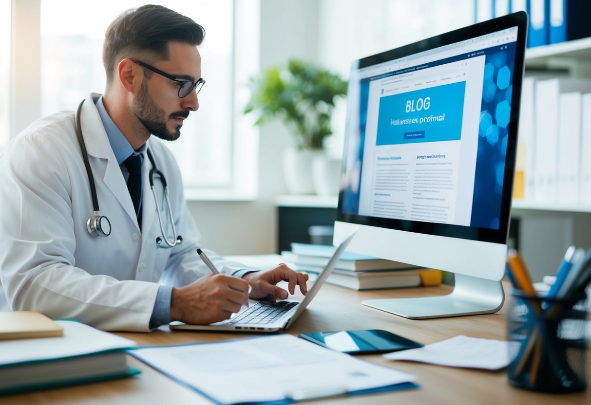 A healthcare professional writing at a desk with a computer, surrounded by medical books and research papers. An open blog page on the screen