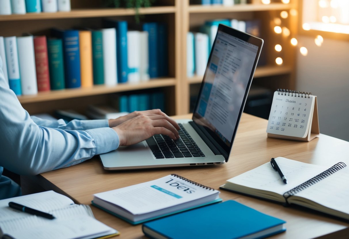 A person typing on a laptop, surrounded by medical books and journals. A calendar with blog post ideas and a brainstorming notebook are nearby