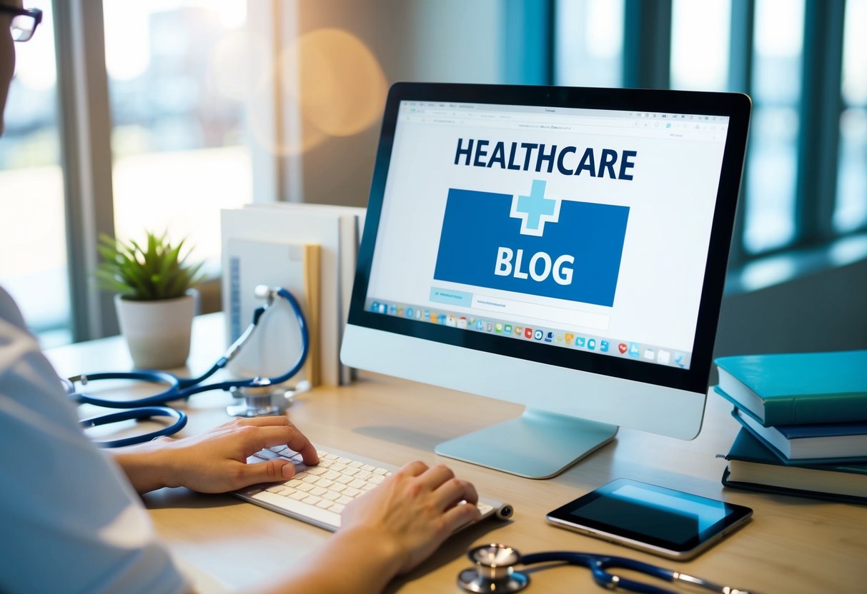 A person typing on a computer, surrounded by various healthcare-related objects such as stethoscope, medical books, and a tablet with a healthcare blog open