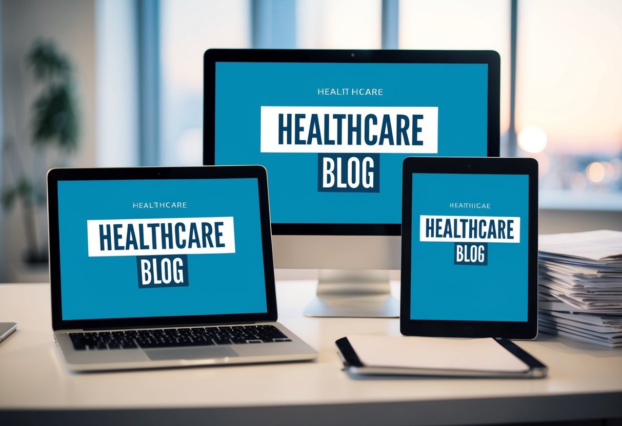 A laptop, tablet, and smartphone arranged on a desk, with a healthcare blog displayed on each screen. A stack of printed articles sits nearby