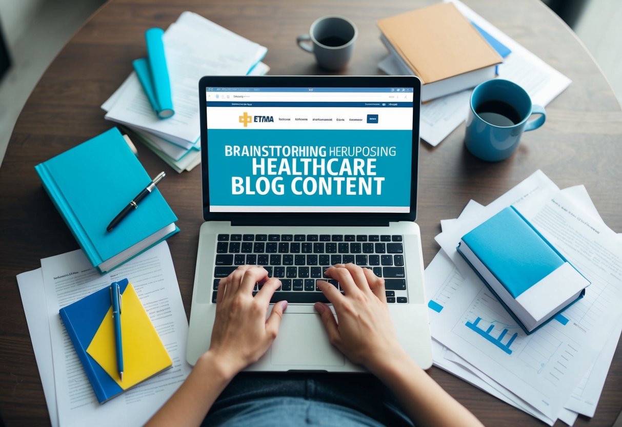 A person typing on a laptop surrounded by medical books and papers, brainstorming ideas for repurposing healthcare blog content