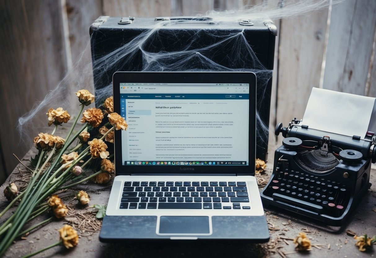 A laptop surrounded by wilted flowers and a dusty typewriter, with cobwebs covering a neglected blog page