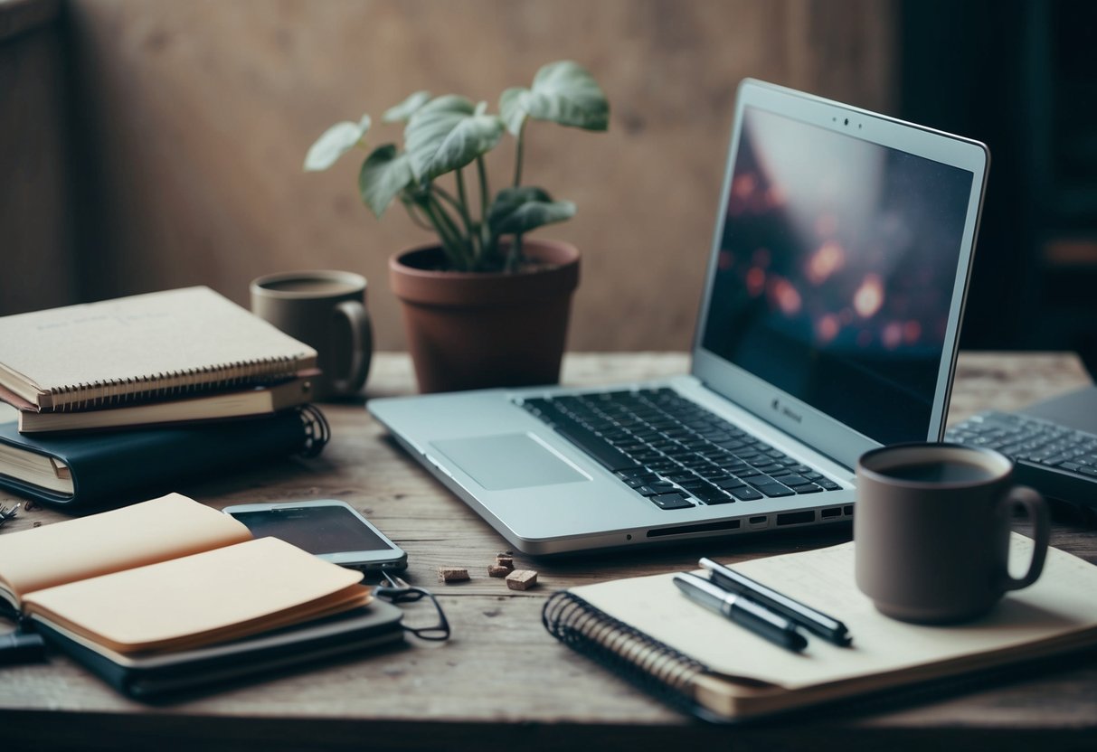 A laptop surrounded by outdated technology, dusty notebooks, and abandoned coffee mugs. A neglected plant sits in the background