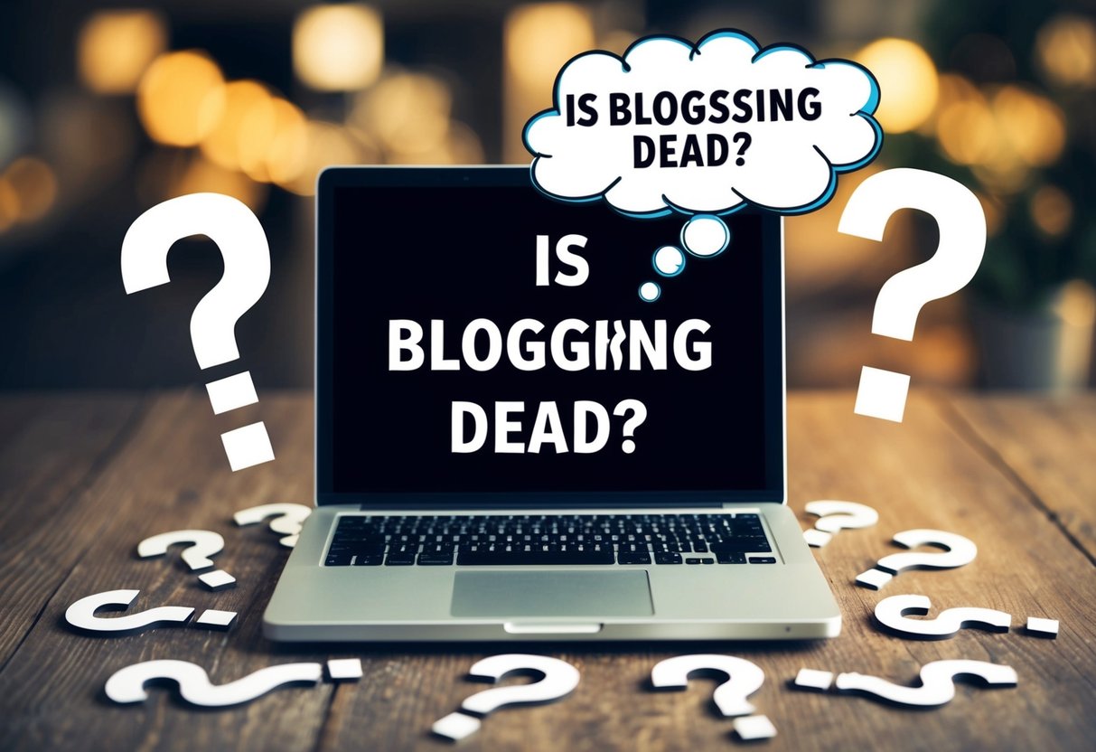 A laptop surrounded by question marks, with a thought bubble above it containing the words "Is blogging dead?"