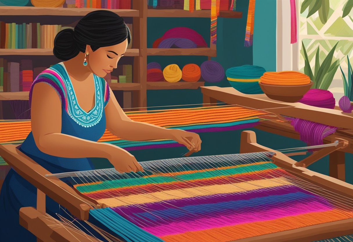 A woman weaves colorful threads on a traditional loom, surrounded by vibrant yarn and patterned textiles, capturing the essence of the Mexican rebozo's origins