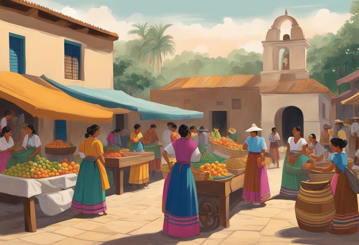 A market scene in colonial Mexico, with women wearing colorful rebozos, trading goods, and socializing. The architecture reflects the historical significance of the time period