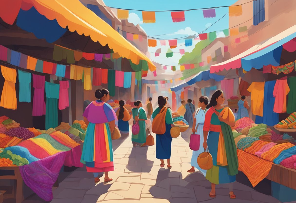 A colorful marketplace with women selling and wearing traditional Mexican rebozos, surrounded by vibrant textiles and bustling activity