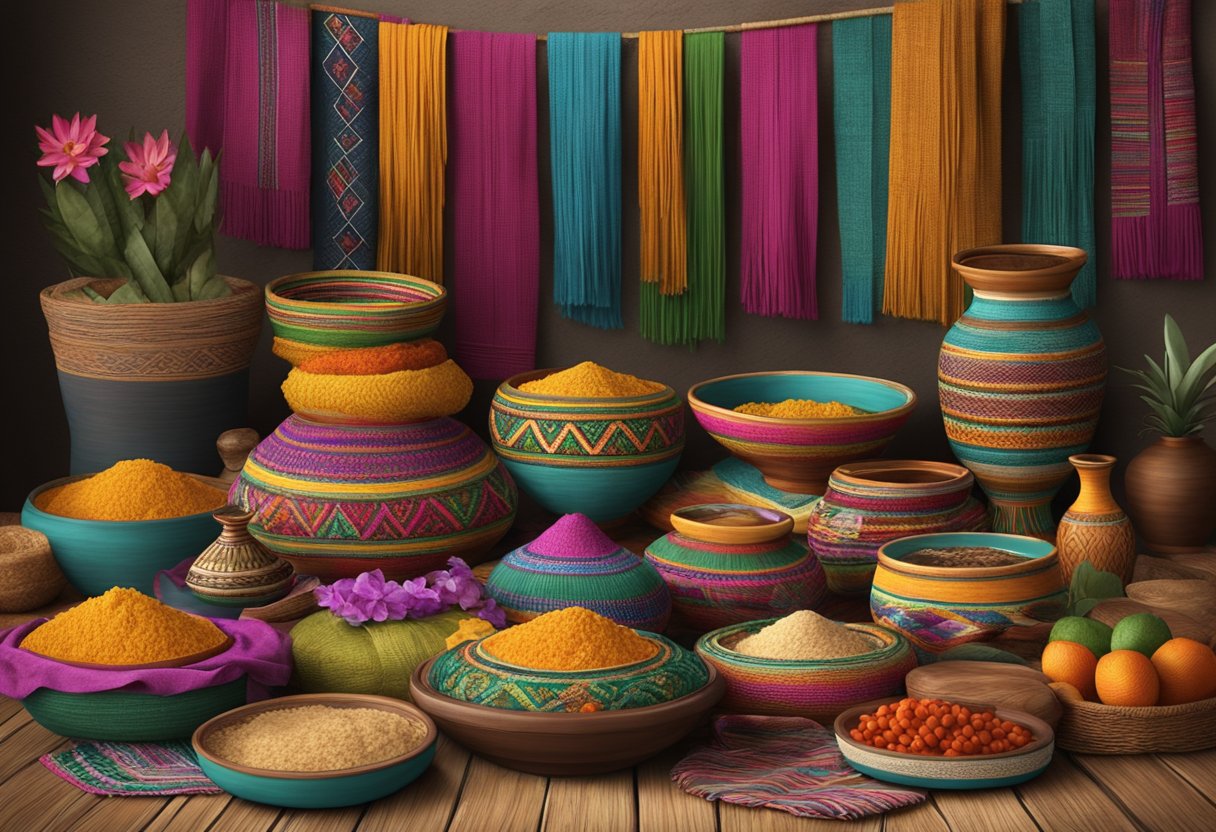 A colorful array of traditional Mexican rebozos displayed in a historical setting, surrounded by ancient artifacts and textiles