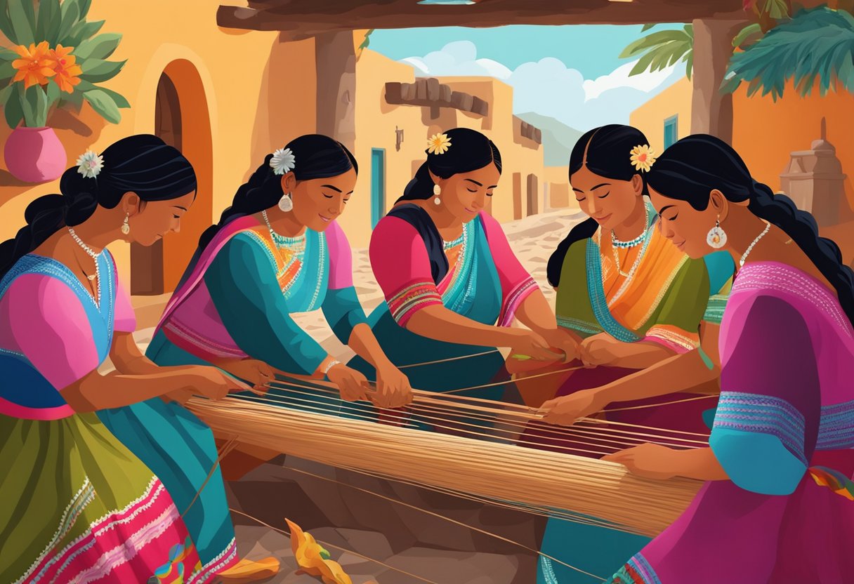 A group of women in traditional Mexican attire gather around a loom, weaving vibrant rebozos while surrounded by colorful textiles and historical artifacts