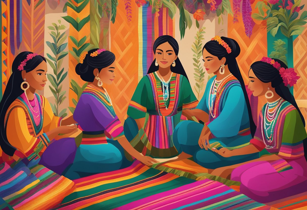 A group of women gather around a vibrant display of rebozos, showcasing intricate weaving and vibrant colors, symbolizing the rich cultural heritage of Mexico