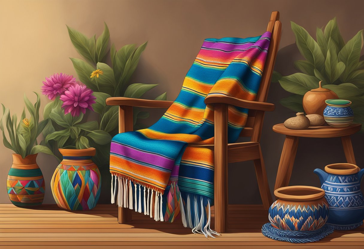 A colorful rebozo draped over a wooden chair, surrounded by traditional Mexican pottery and textiles