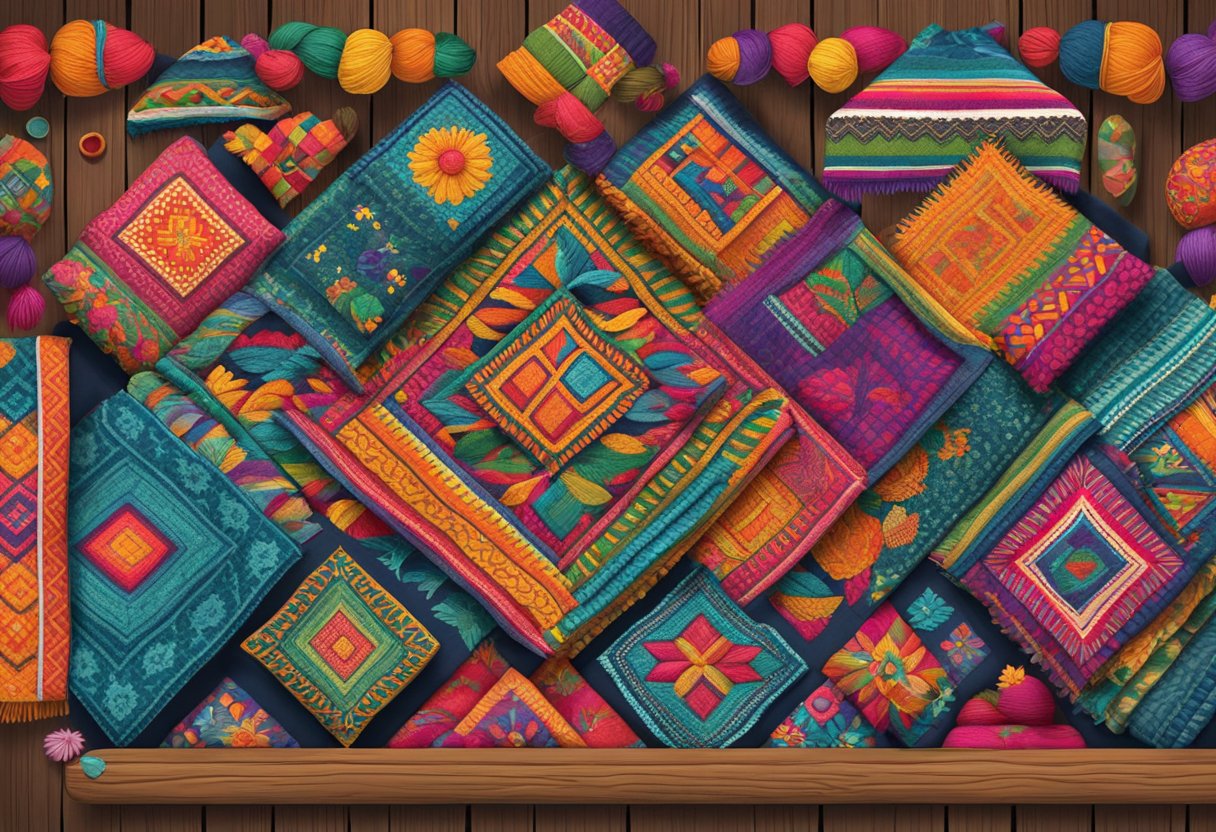 A colorful array of rebozos from various regions of Mexico displayed on a rustic wooden table, surrounded by vibrant textiles and traditional patterns