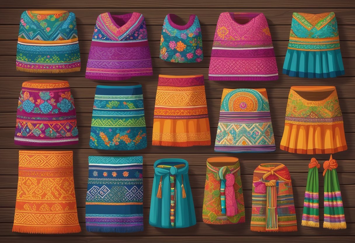 A colorful array of rebozos from different regions of Mexico displayed on a rustic wooden table, showcasing the rich cultural and material diversity of the traditional garment