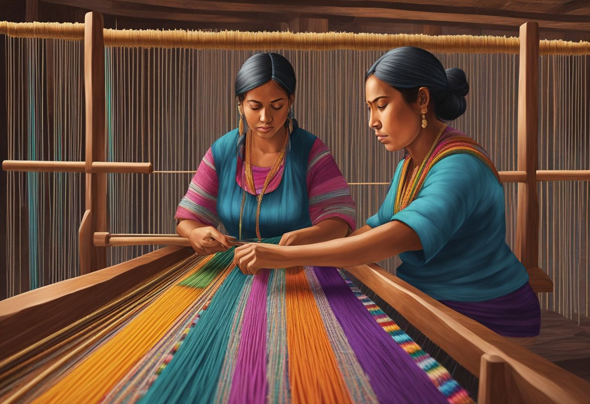 A skilled weaver sits at a wooden loom, deftly manipulating colorful threads to create intricate patterns in a traditional rebozo. The room is filled with the rhythmic sound of the loom as the art is passed down through generations