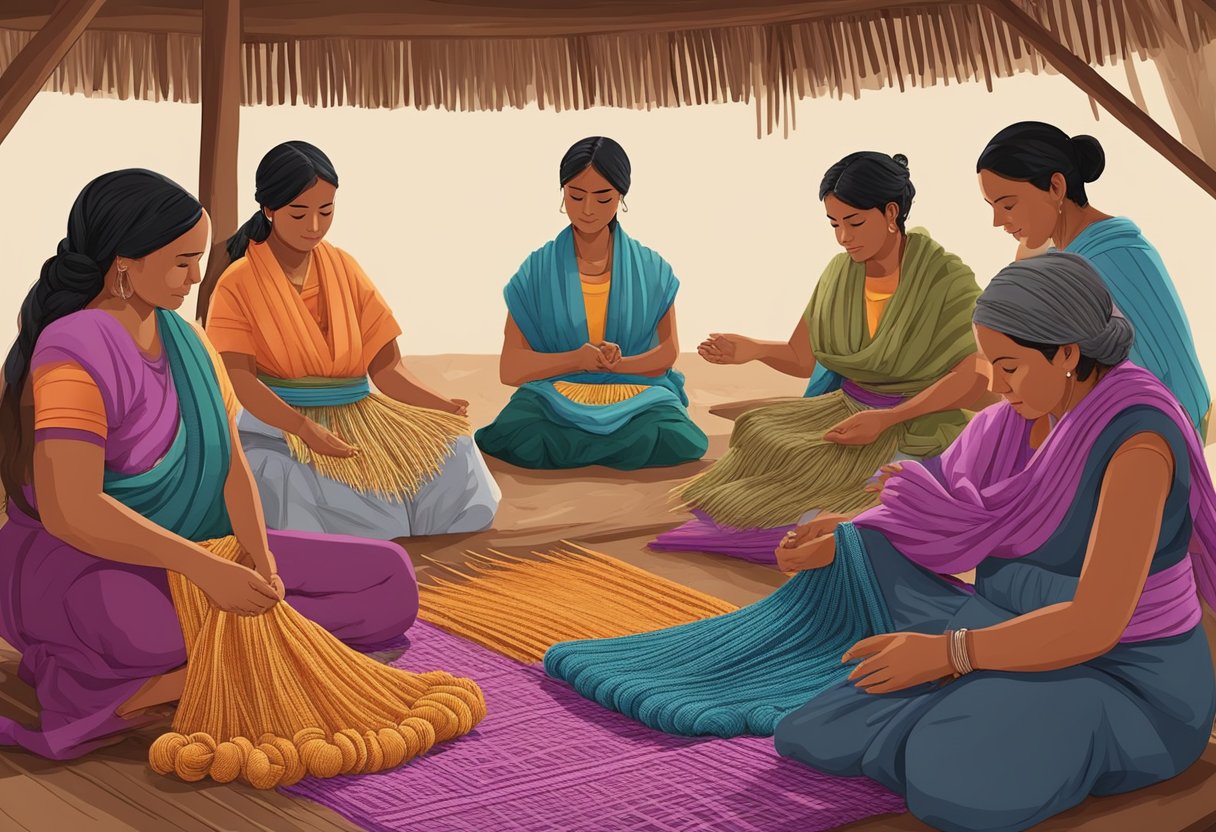 A group of weavers sit in a circle, passing down the traditional techniques of rebozo weaving from one generation to the next