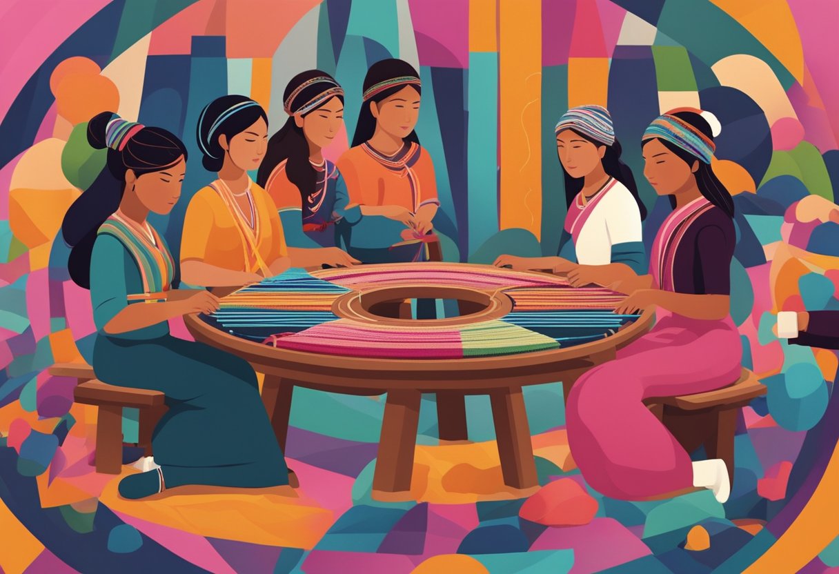 A group of women sit in a circle, weaving colorful rebozos on wooden looms, surrounded by vibrant yarn and traditional patterns