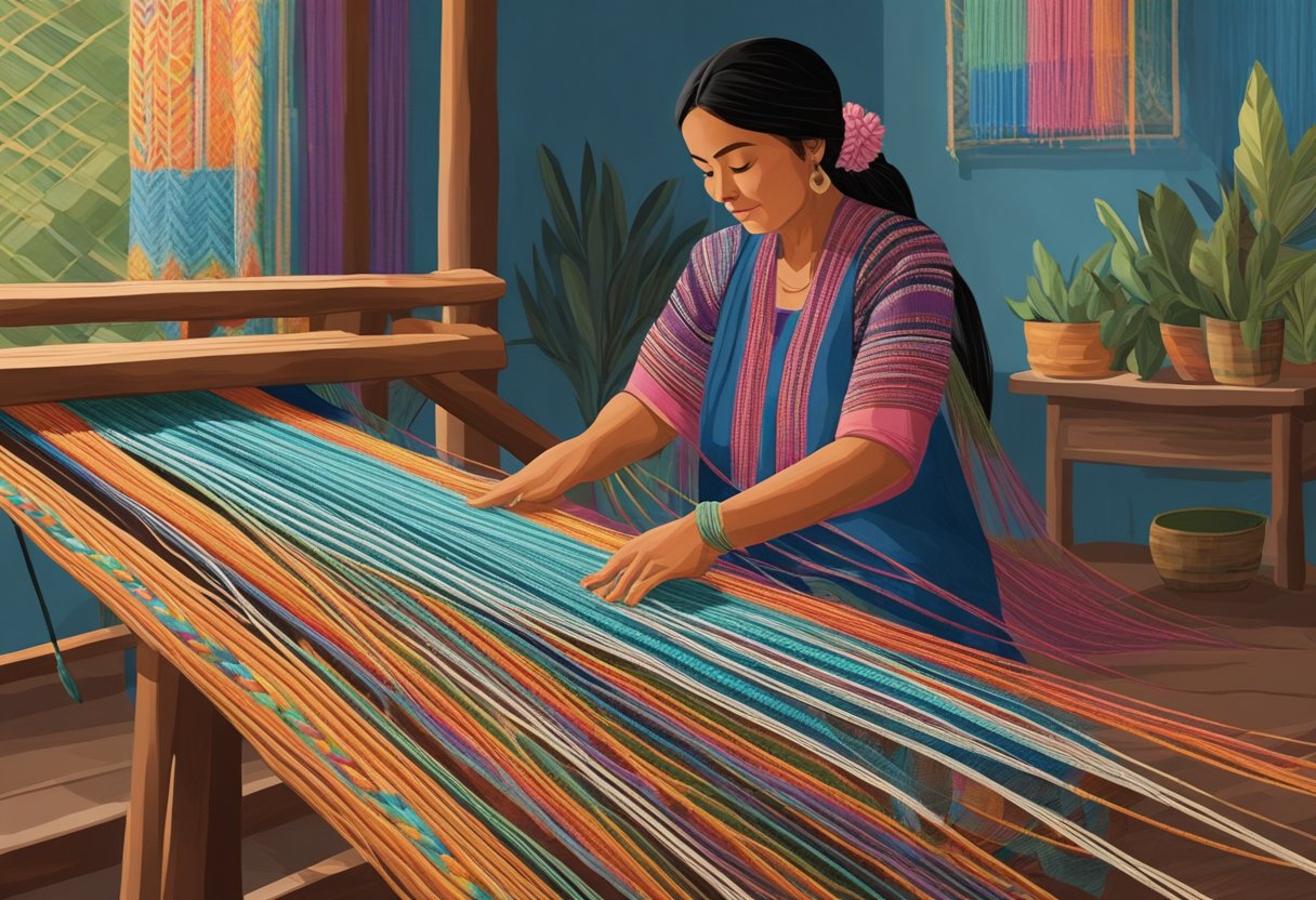 A skilled weaver sits at a wooden loom, carefully intertwining colorful threads to create a traditional rebozo. The room is filled with the sound of the shuttle moving back and forth as the intricate pattern takes shape