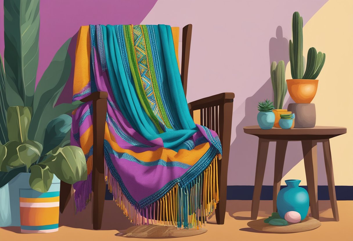 A colorful rebozo draped over a chair, surrounded by traditional and modern accessories