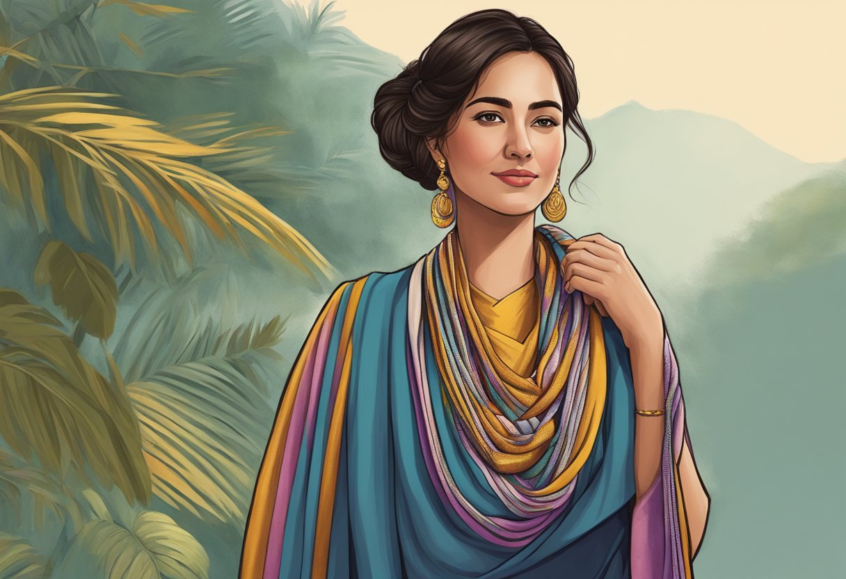 A woman gracefully drapes a rebozo over her shoulder, showcasing traditional and modern styling techniques