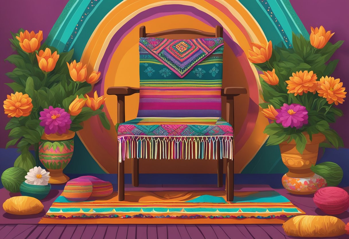 A colorful rebozo draped over a traditional Mexican chair, surrounded by vibrant flowers and festive decorations