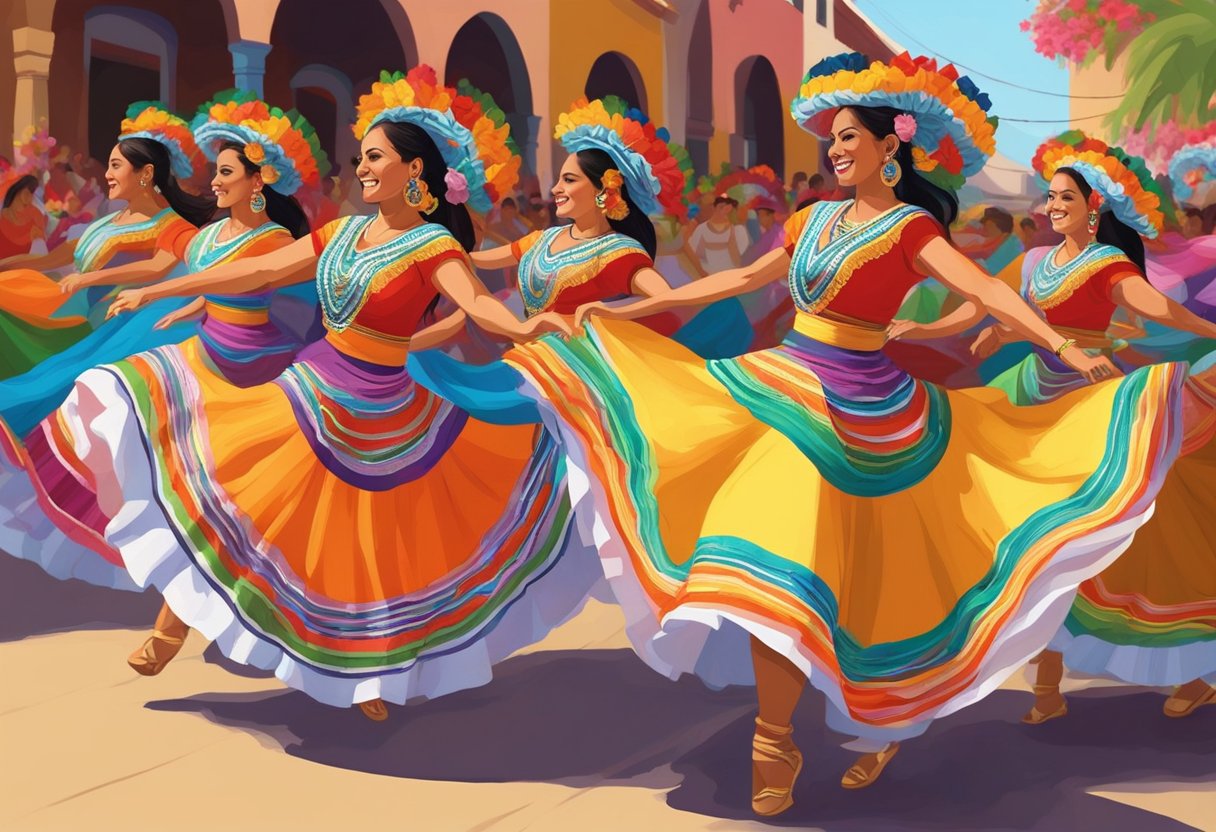 Colorful rebozos adorn dancers at a lively Mexican festival, swirling and twirling as they move to the rhythmic music. The vibrant fabric adds a dynamic element to the celebratory atmosphere