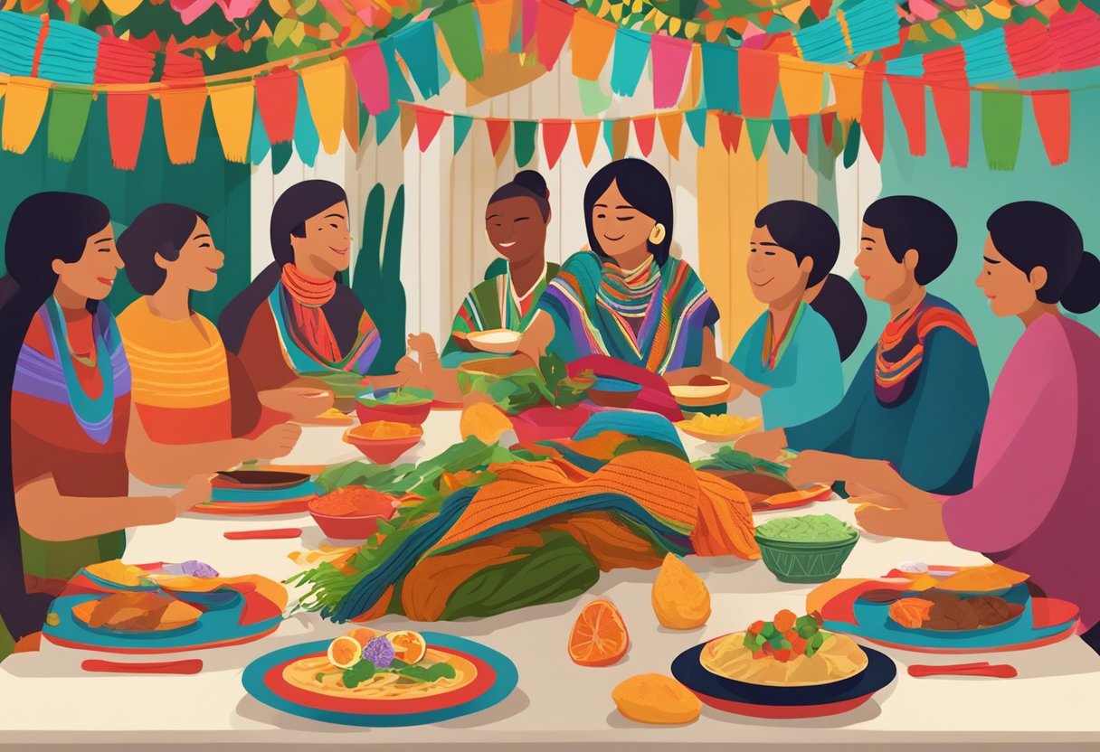 A colorful rebozo draped over a festive table with traditional Mexican decorations and food, surrounded by joyful people celebrating