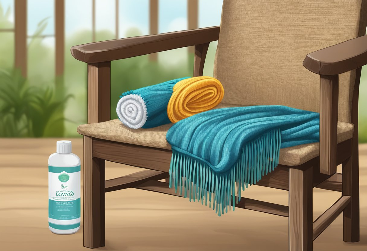 A rebozo draped over a wooden chair, with a small bottle of fabric conditioner and a soft brush nearby for maintenance and preservation