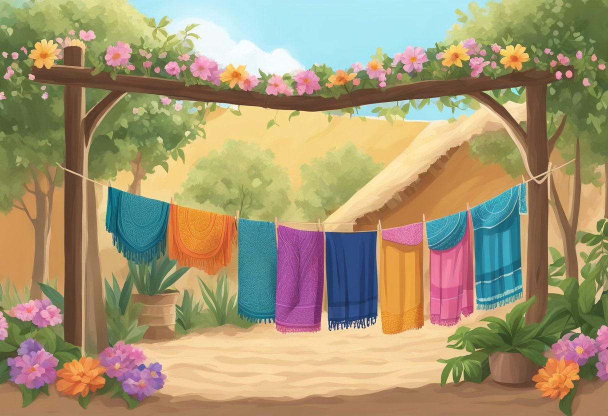 A rebozo is gently hand washed and laid flat to dry in the warm sun, surrounded by colorful flowers and hanging on a clothesline