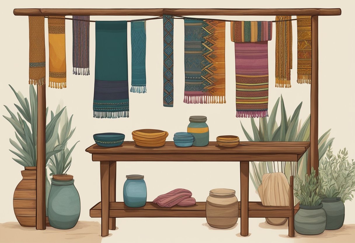 A rebozo hanging on a wooden rack, surrounded by jars of natural dyes and fabric softeners. A gentle breeze ruffles the fabric, showing its intricate patterns