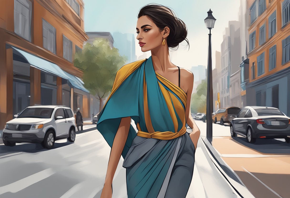 A modern fashion model wearing a sleek outfit with a rebozo draped over one shoulder, walking confidently down a city street