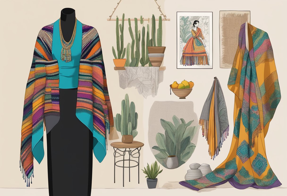 A vibrant rebozo draped over a mannequin, surrounded by traditional Mexican textiles and pottery, with modern fashion sketches pinned to a mood board