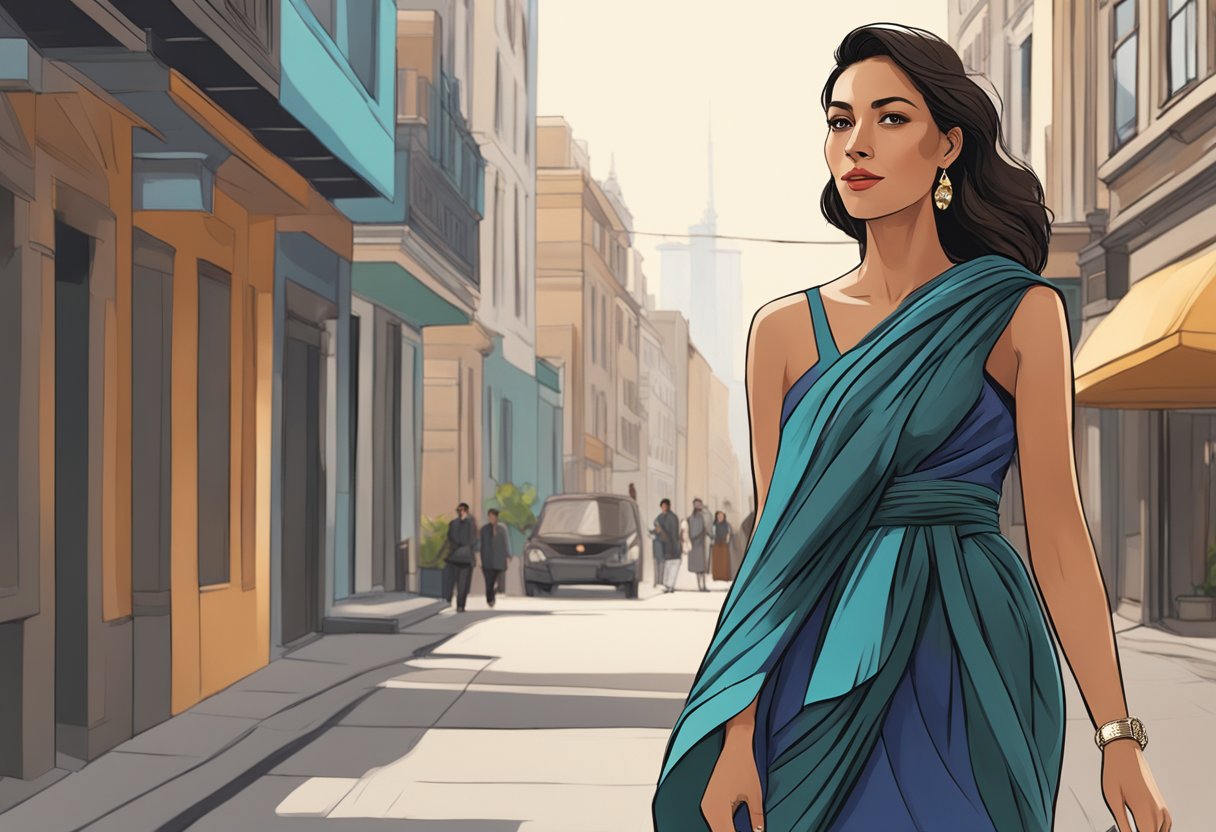 A modern woman wearing a sleek dress with a rebozo draped elegantly over one shoulder, walking confidently down a city street