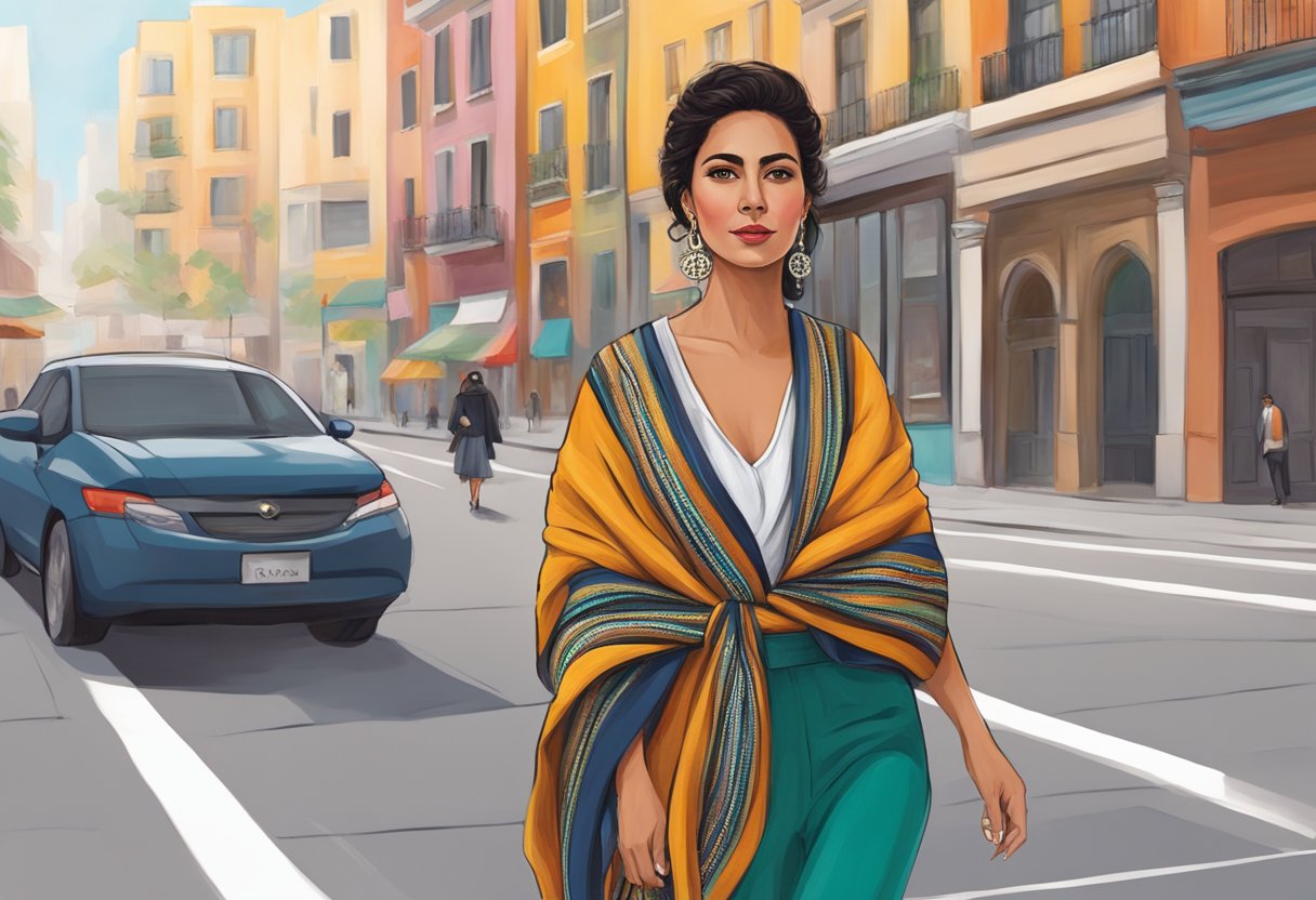 A modern woman wearing a rebozo draped over her shoulders, paired with contemporary clothing and accessories. She confidently walks down a city street, showcasing the fusion of traditional Mexican fashion with modern style