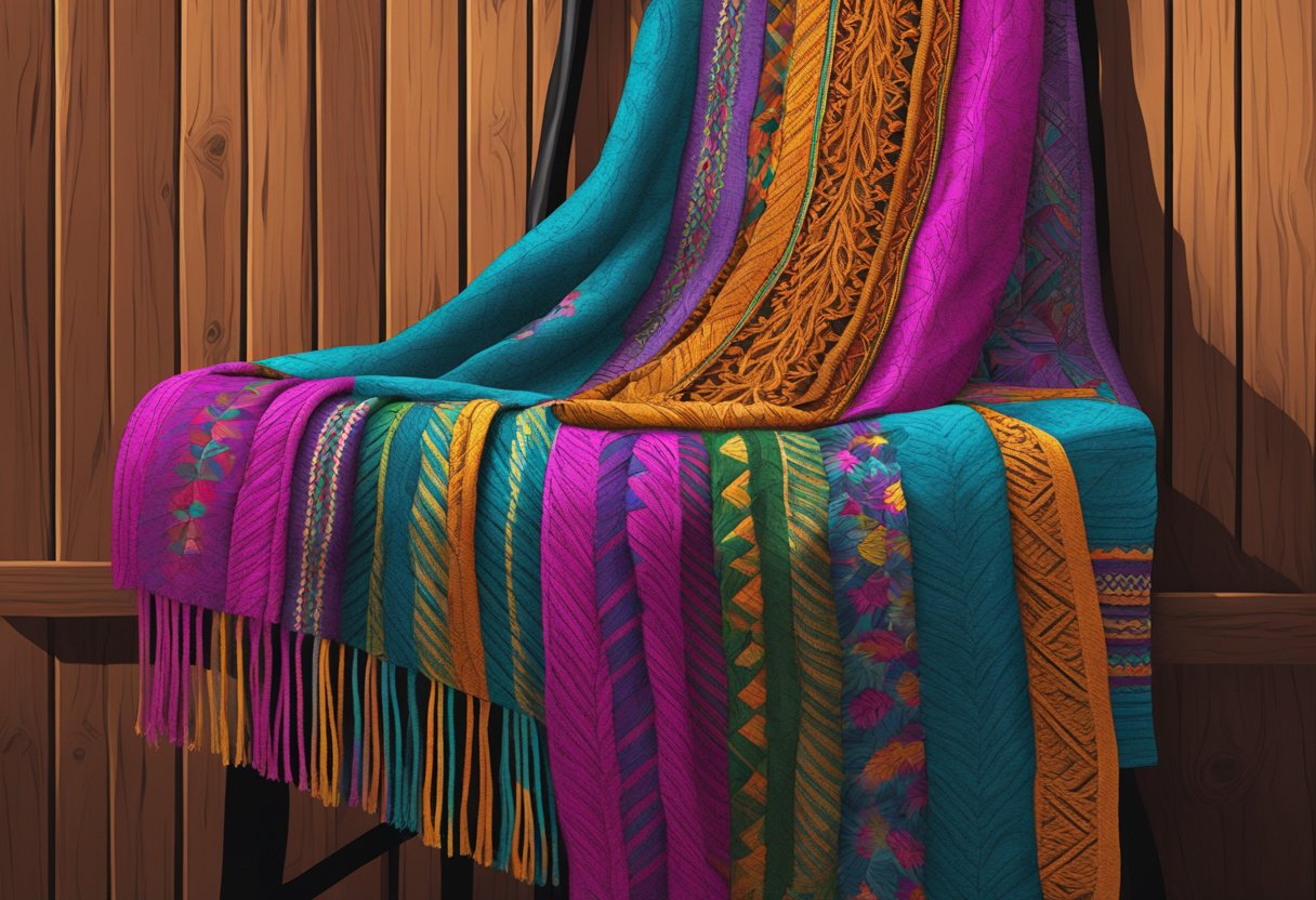 A vibrant Mexican rebozo with intricate patterns and bold colors draped over a rustic wooden chair