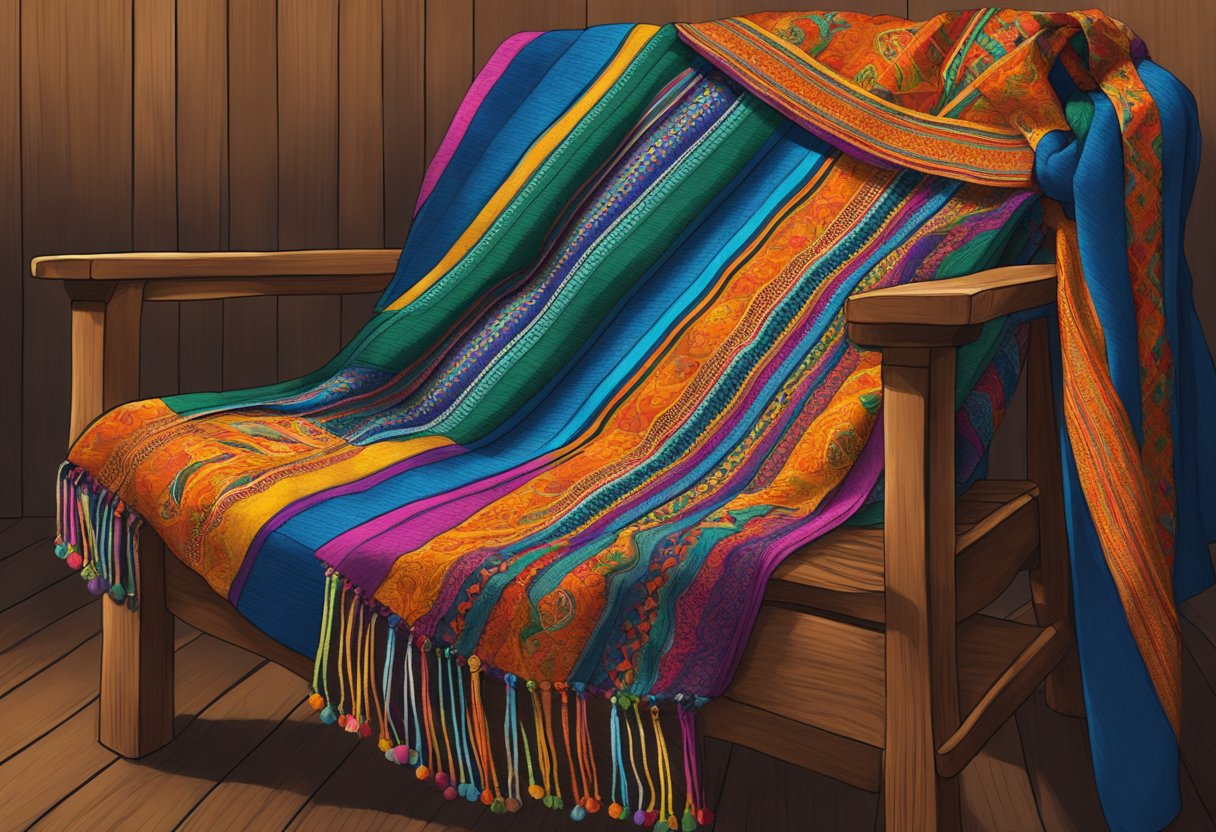 A vibrant Mexican rebozo hangs draped over a wooden chair, showcasing intricate patterns and bold colors symbolizing the rich historical and cultural context of the garment